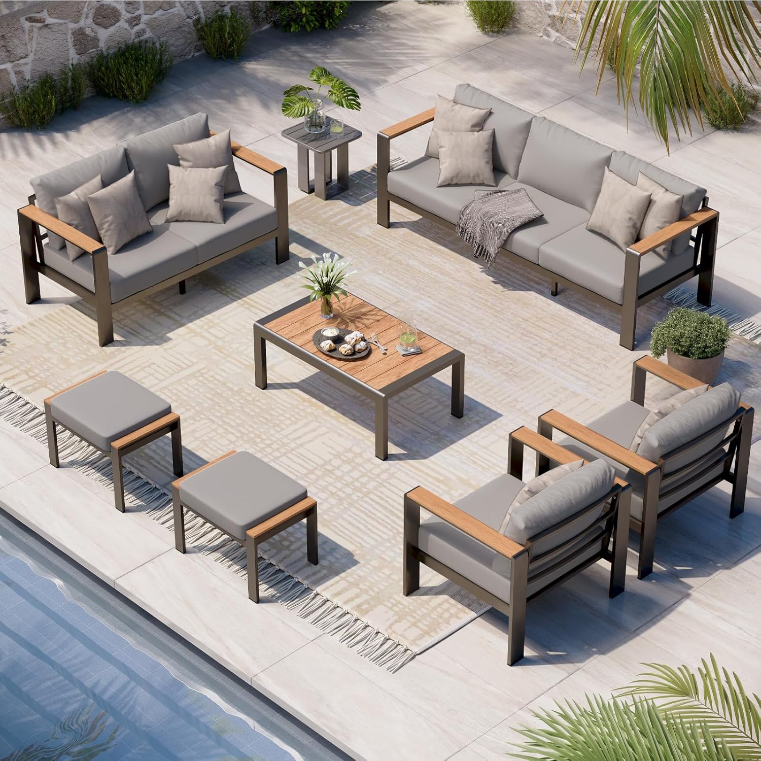 Aluminum Outdoor Patio Furniture Set with Coffee Table, 5 Piece Patio Conversation Sets, Outdoor Sectional Furniture for Porch, Balcony, Yard, Gray