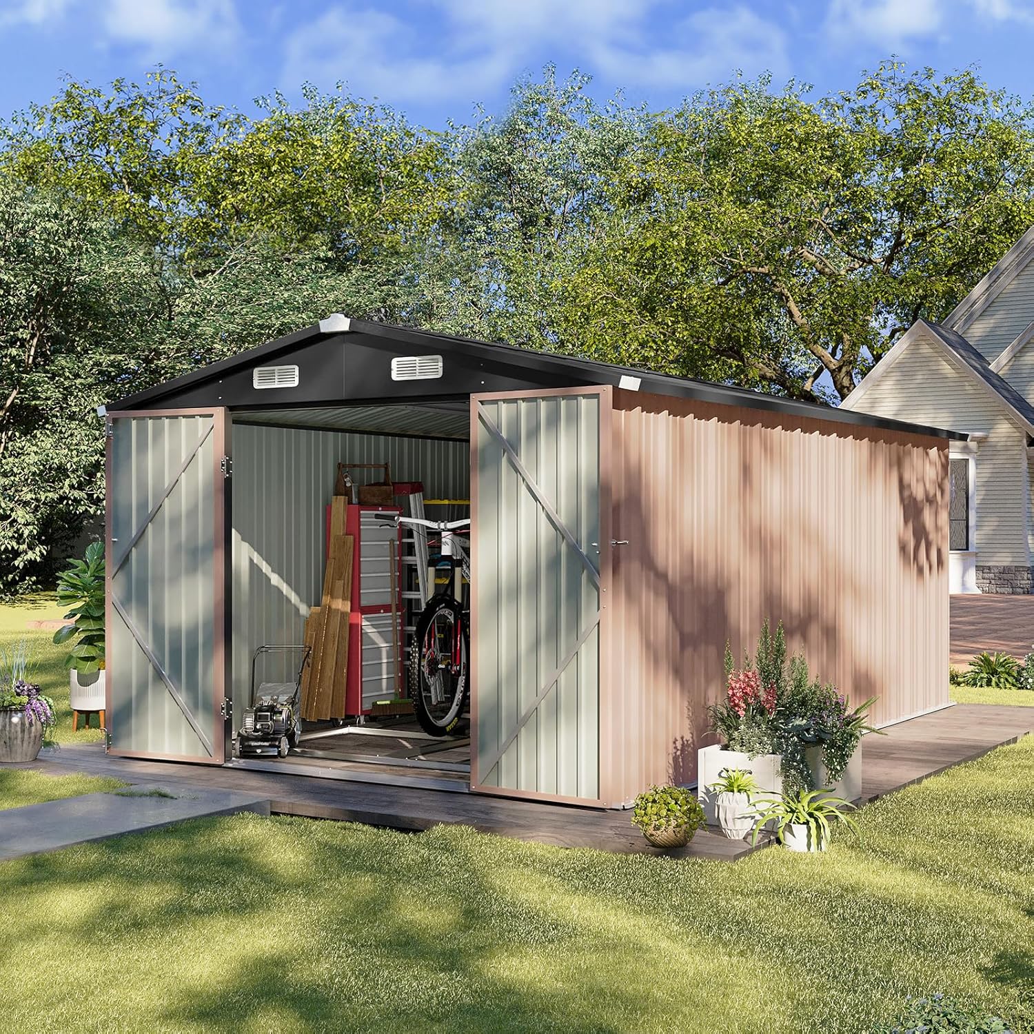 Aoxun 6.2x4 FT Shed Outdoor Storage Shed Metal Garden Shed Sloping Roof Tool Shed Bike Shed