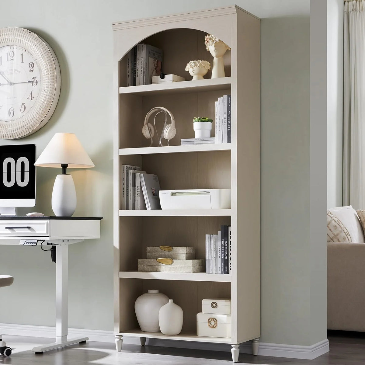 IFGET 76 Tall Arched Bookcase Farmhouse 5 Tiers Large Arched Bookshelf Cabinet Adjustable Shelves