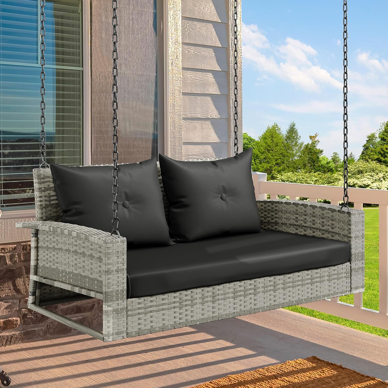 YITAHOME Hanging Porch Swing Chair Sits 3 People, Wicker Outdoor Swing Bench, Patio Lounge Chair, 1 Seating Cushion and 3 Back Cushions, w/Removable Covers, for Garden, Balcony, Backyard, Brown
