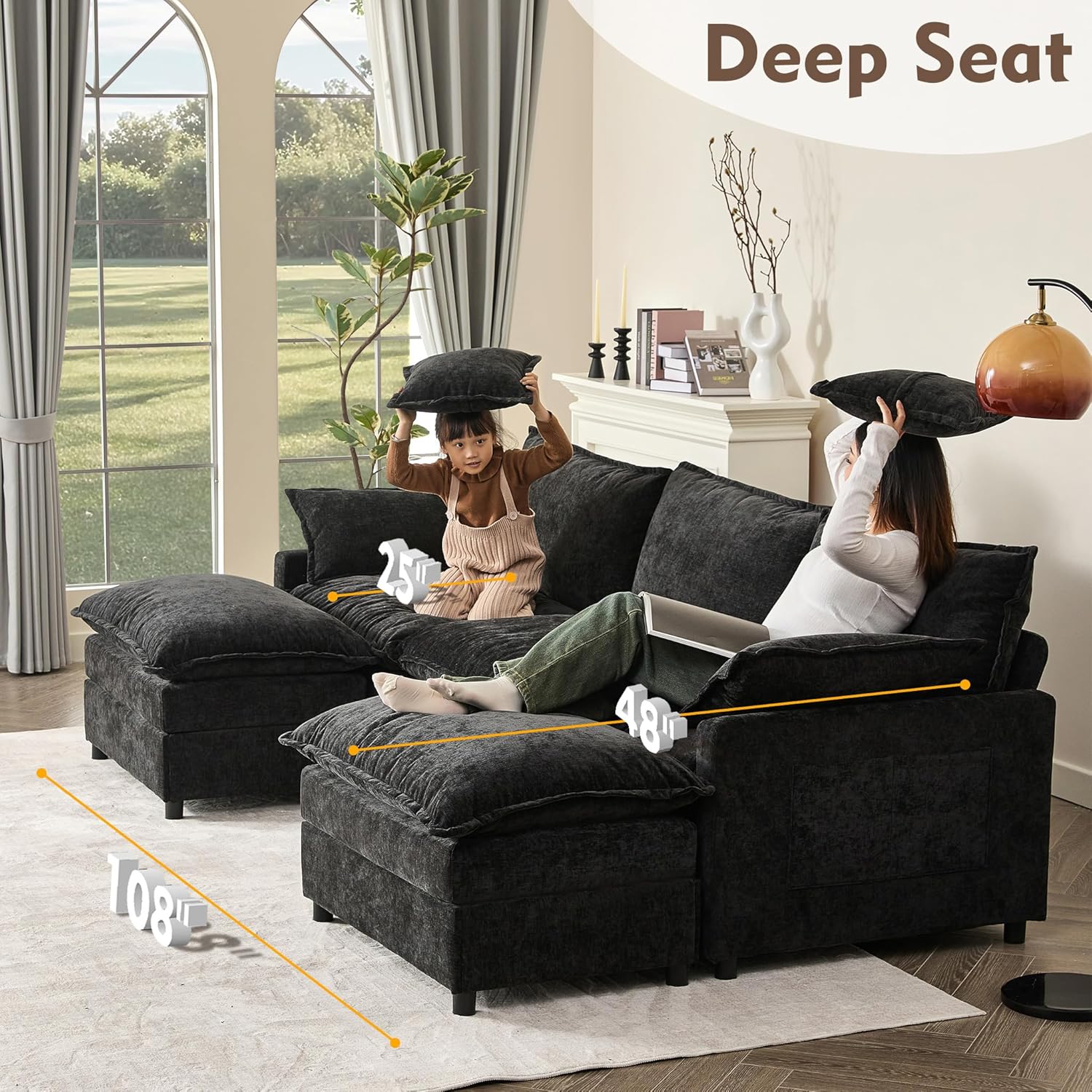 108 Inch U Shape Sofa Sectional Sofa Comfortable Cloud Sofa with Removable Footstool