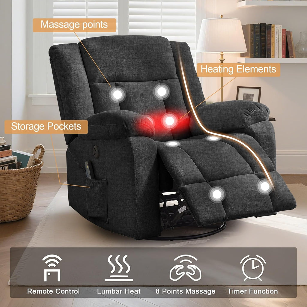Rocker Recliner, Glider Recliner Chairs for Adults, 360�� Swivel Rocking Chair with Massage and Heating, Nursery Chair