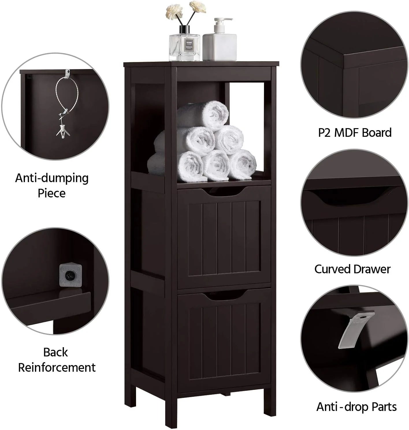 Yaheetech Bathroom Floor Cabinet, Wooden Storage Cabinet with 2 Drawers, Multifunctional Side Organizer Rack Stand Table, White