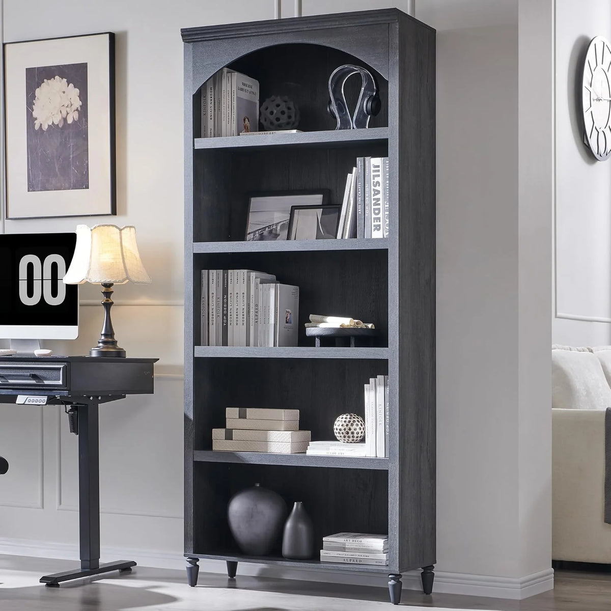IFGET 76 Tall Arched Bookcase Farmhouse 5 Tiers Large Arched Bookshelf Cabinet Adjustable Shelves