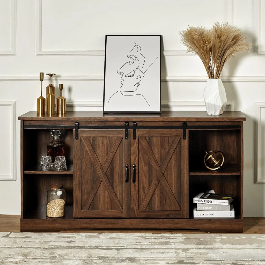 AMERLIFE Fireplace TV Stand with Sliding Barn Door for TVs up to 73, Farmhouse 63 Fireplace Entertainment Center with Storage Cabinets/Adjustable Shelves