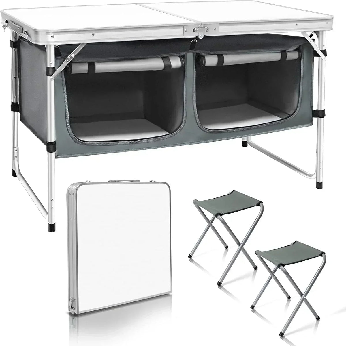 Outdoor Folding Table Aluminum Lightweight Height Adjustable with Storage Organizer