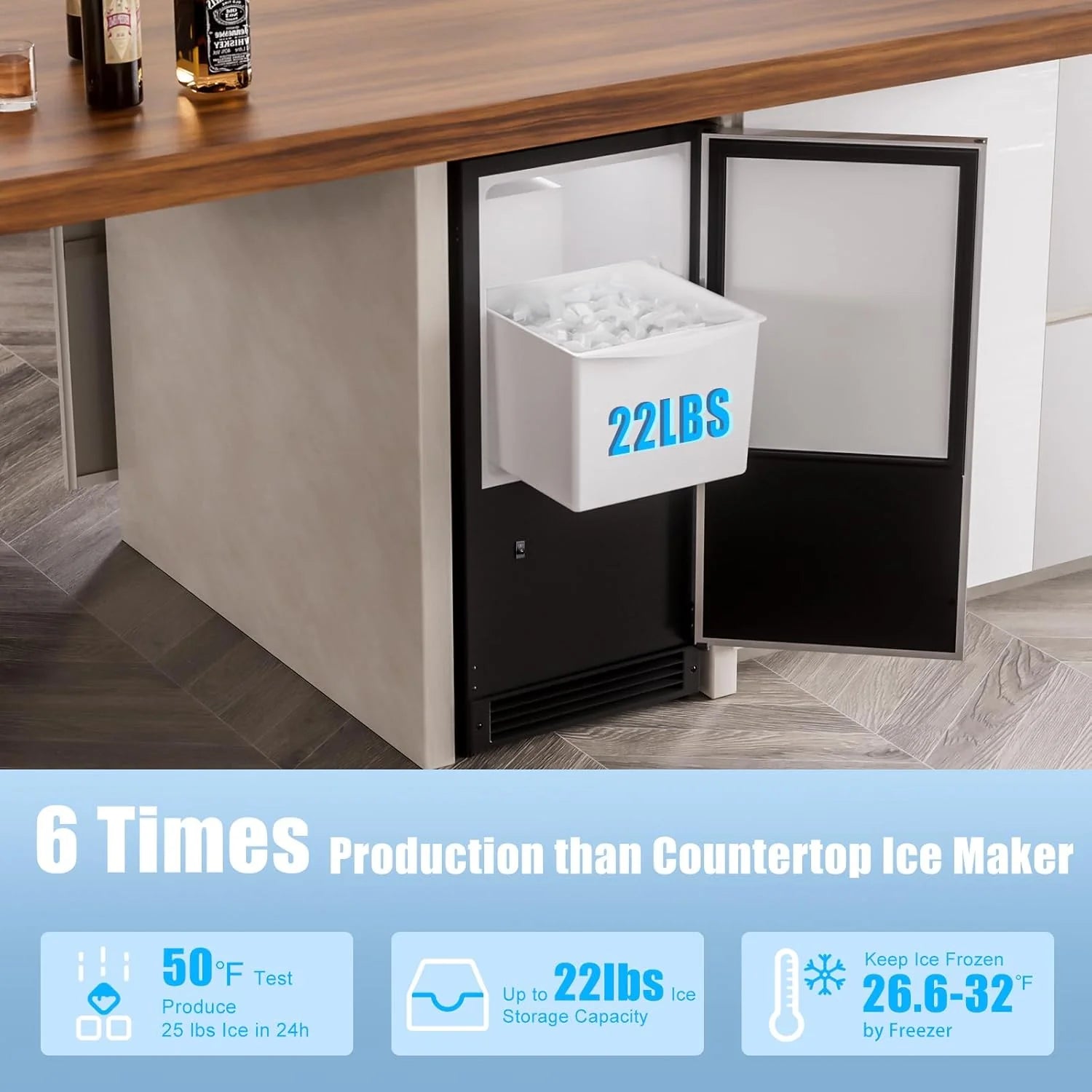 COTLIN 15 W Drainless Under Counter Ice Maker with 22LBS Storage Bin, Crescent Ice, Free Standing Built-in Ice Maker for Residential Commercial Use, No Drain Required, ETL Approved, 2025 Upgraded