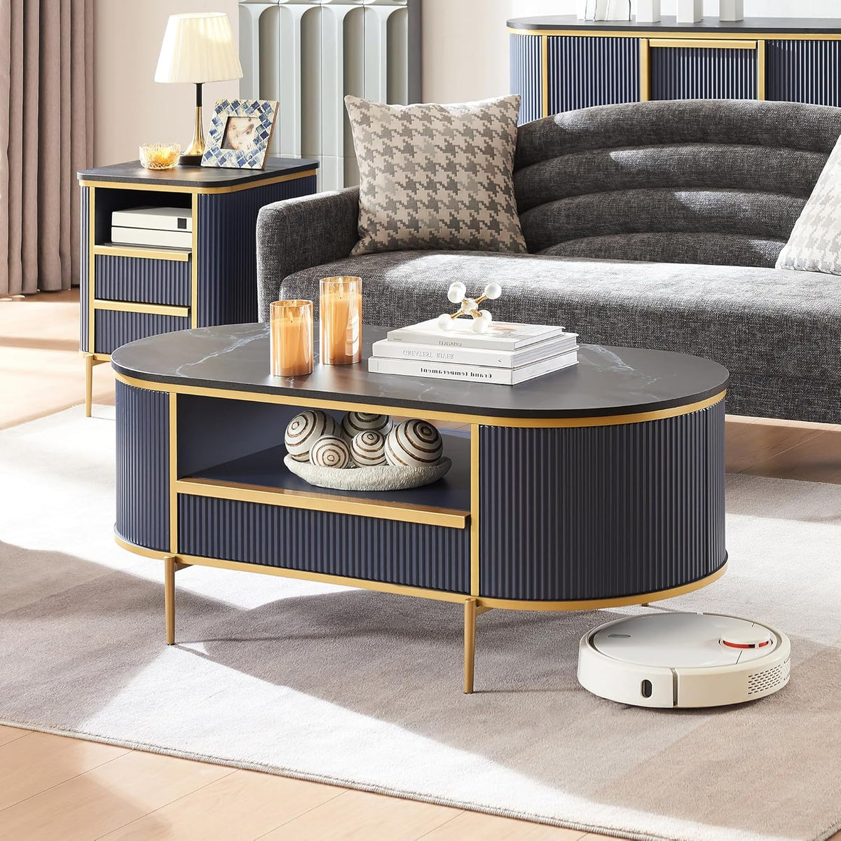 OKD Modern Luxury Grooved Coffee Table 48 Inch Oval Coffee Table Drawers Imitation Marble Top