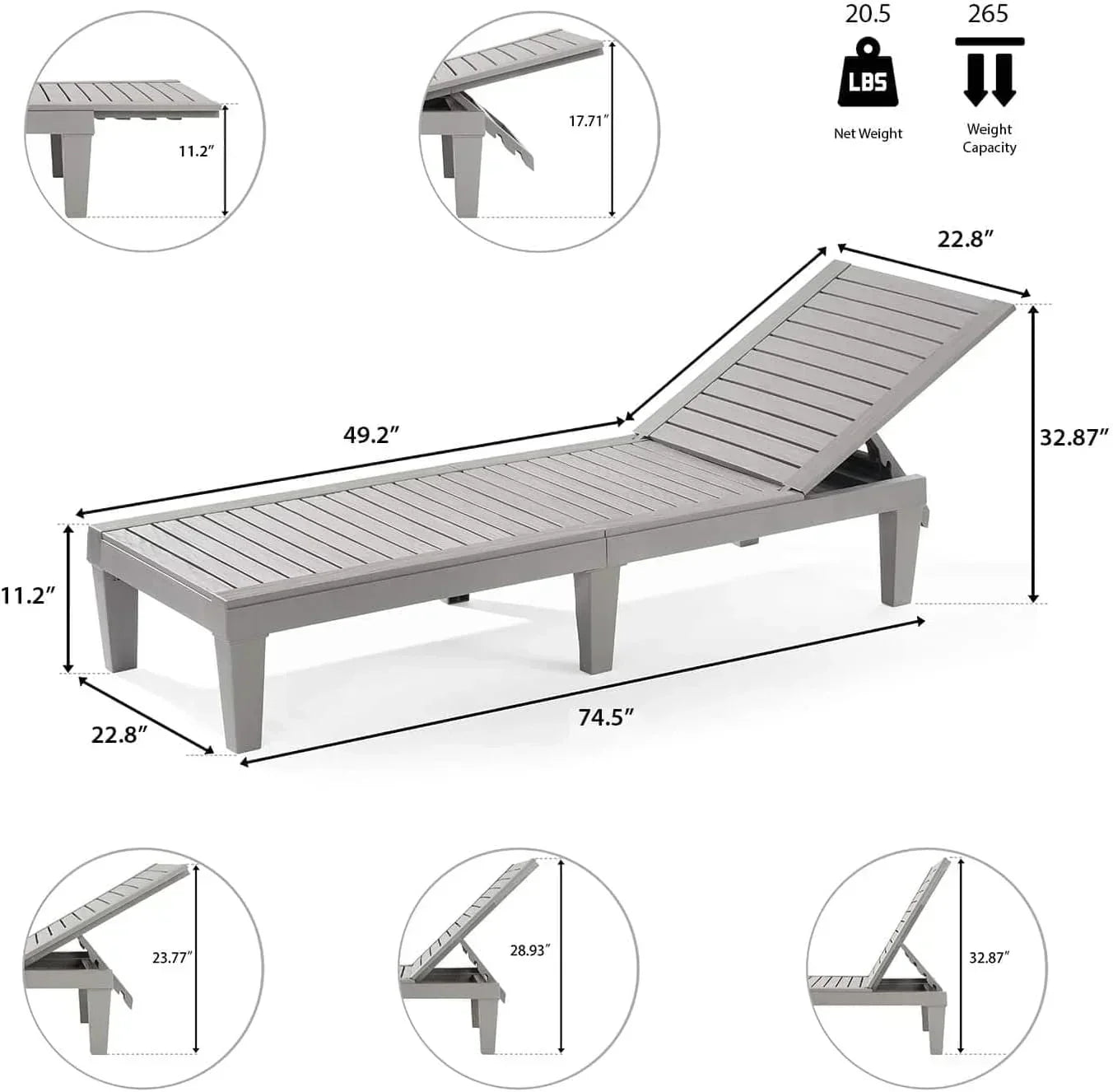 Patio Chairs Black Chaise Lounge Chair Outdoor 5-Position Adjustable Sun Tanning Chair