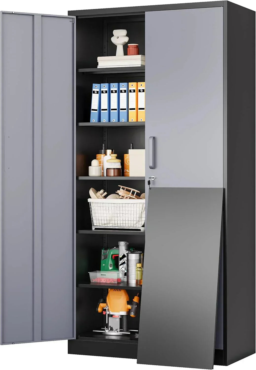 Metal Storage Cabinet with 2 Doors and 6 Shelves Black Metal Cabinet Garage Storage Cabinet