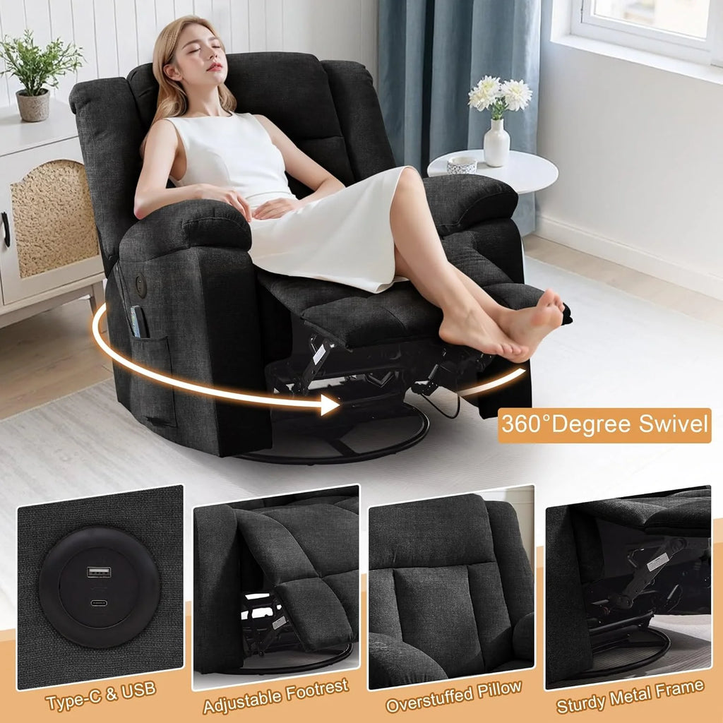 Rocker Recliner, Glider Recliner Chairs for Adults, 360�� Swivel Rocking Chair with Massage and Heating, Nursery Chair