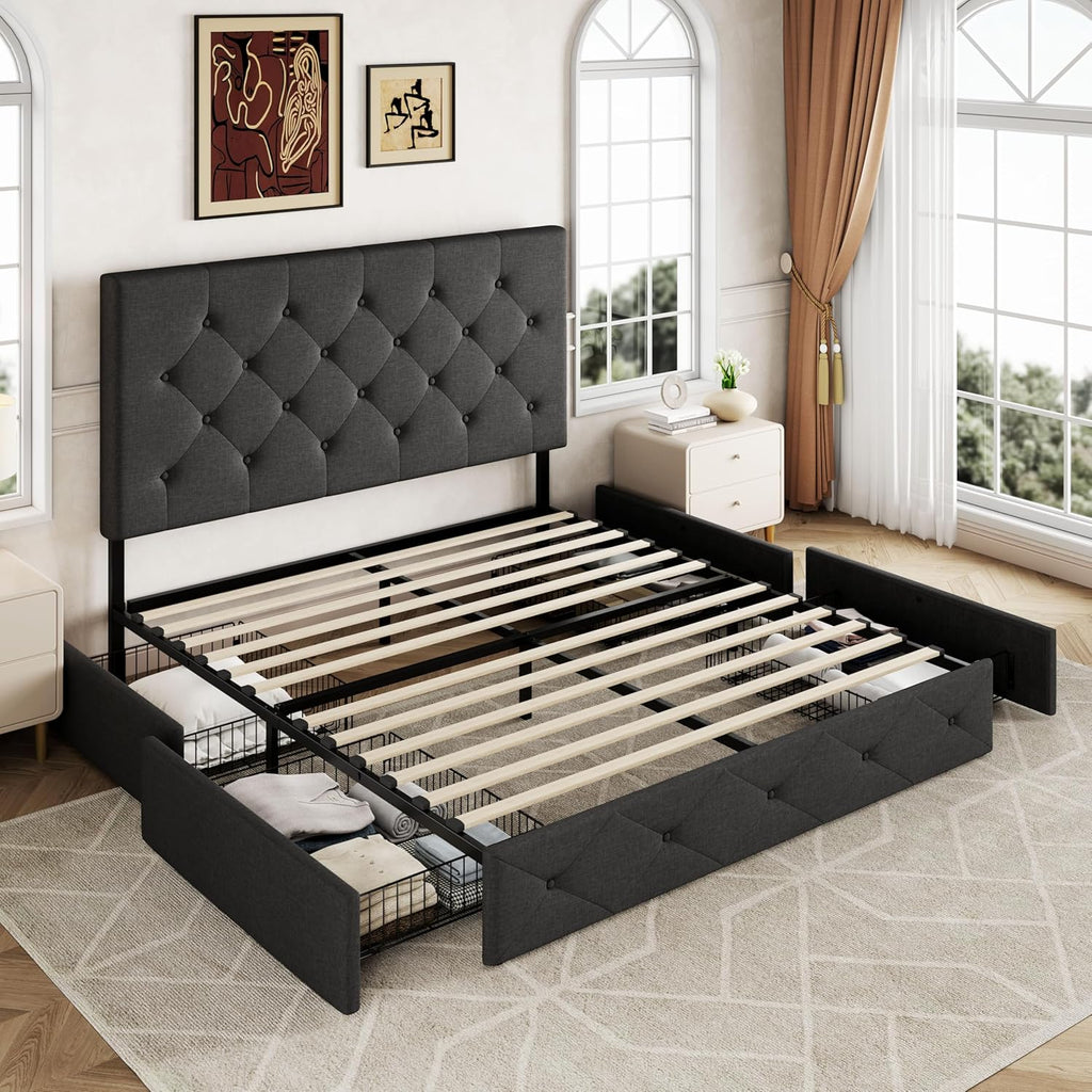 Allewie Upholstered Queen Size Platform Bed Frame with 4 Storage Drawers and Headboard