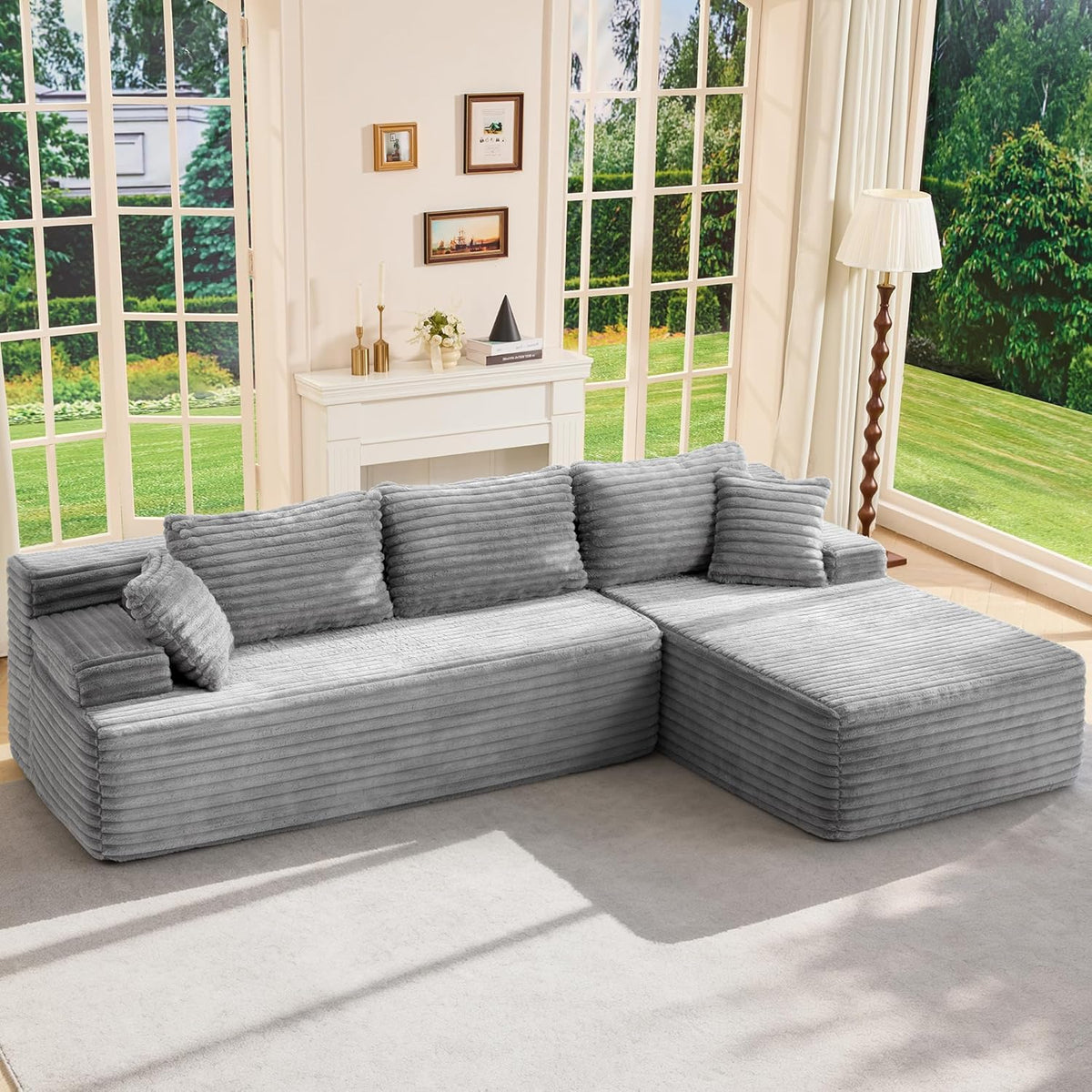 Modular Sectional Sofa Couches L-Shape Couch 3 Seat Modular Sofa Memory Foam Sectional Couches for Living Room, Cloud Couch with Oversized Chaise (Grey Stripe, 96 Left Facing Chaise)