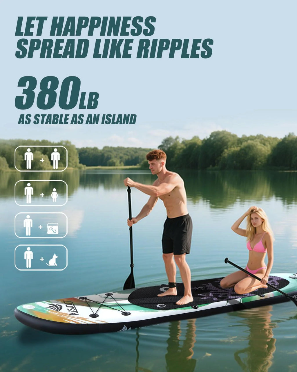 Inflatable wide SUP board with SUP carrying bag, hand pump, 10L waterproof bag and adjustable paddle