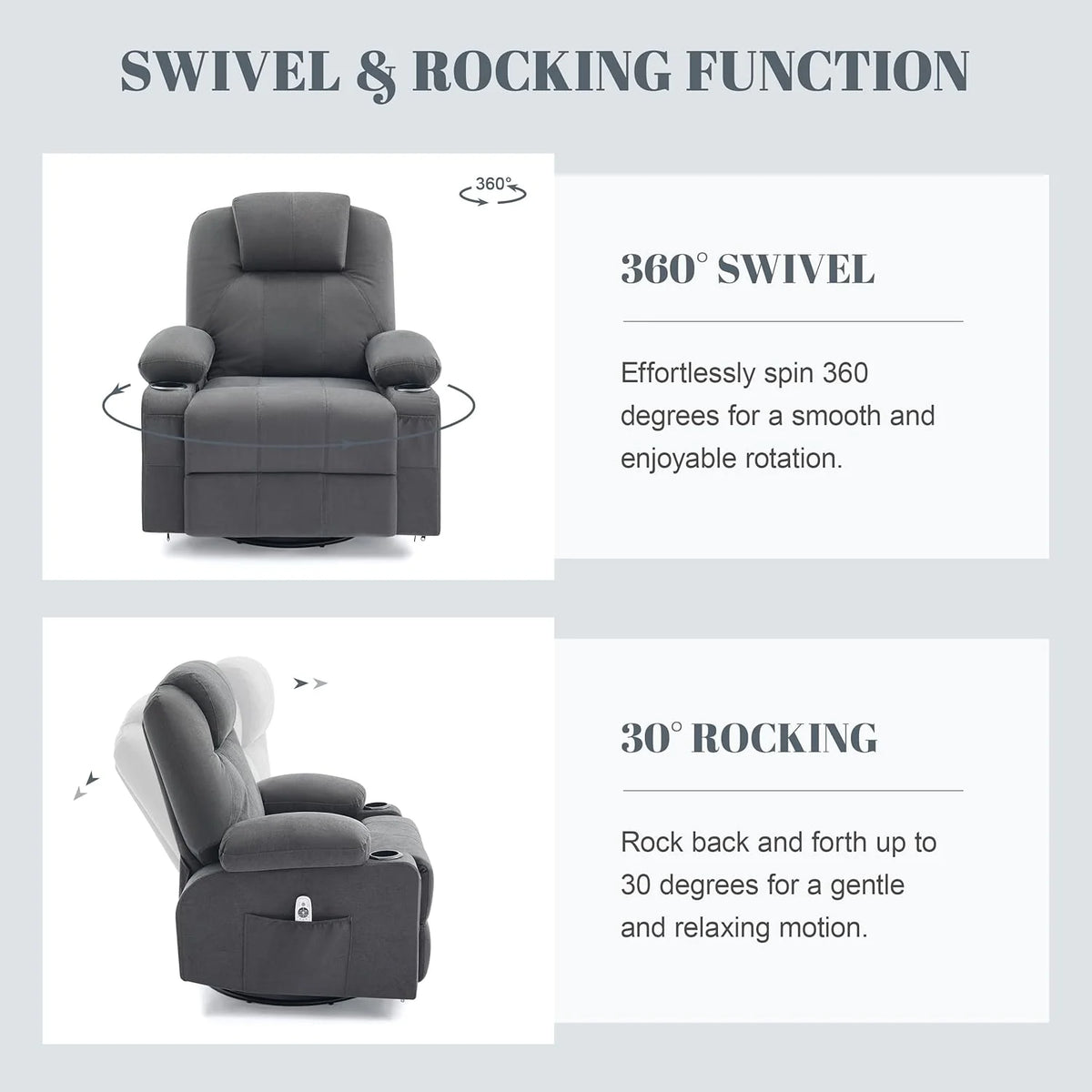 Large Swivel Rocking Recliner with Heating and Massage Function, 360 Degree Swivel Rocking Single Sofa