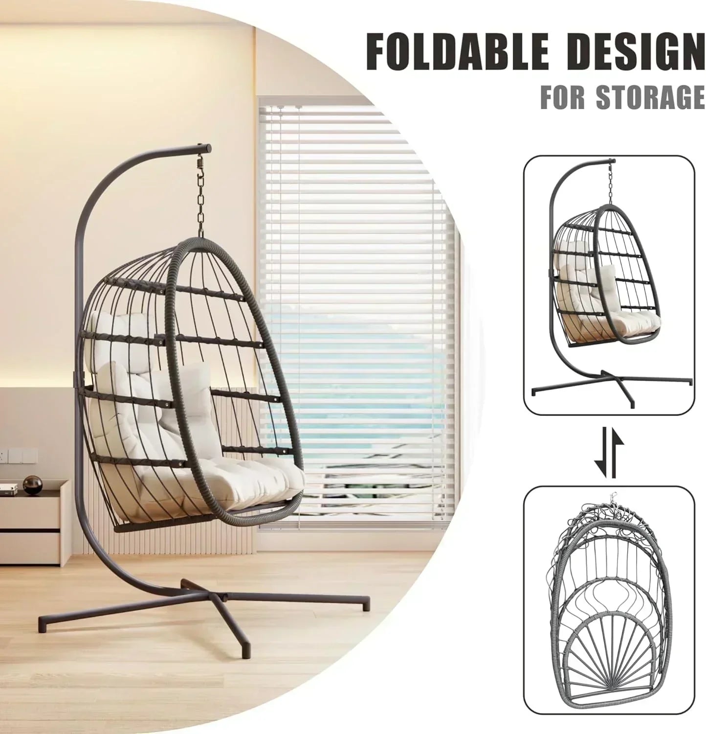 HWB Hanging Egg Chair with Stand Patio Wicker Hammock Egg Swing Chair Cushion for Bedroom