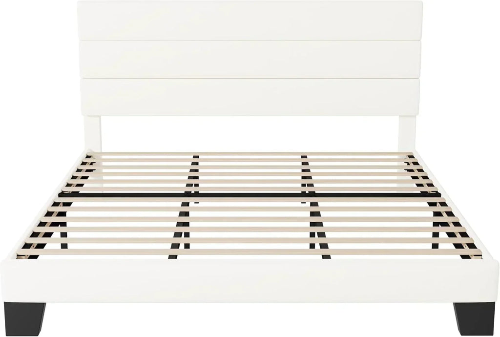Allewie King size platform bed frame with velvet upholstered headboard and planks