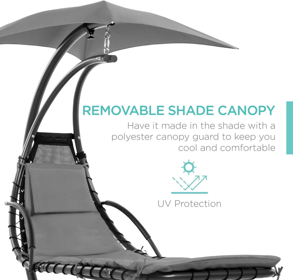 Best Choice Products Outdoor Hanging Curved Steel Chaise Lounge Chair Swing w/Built-in Pillow and Removable Canopy - Teal