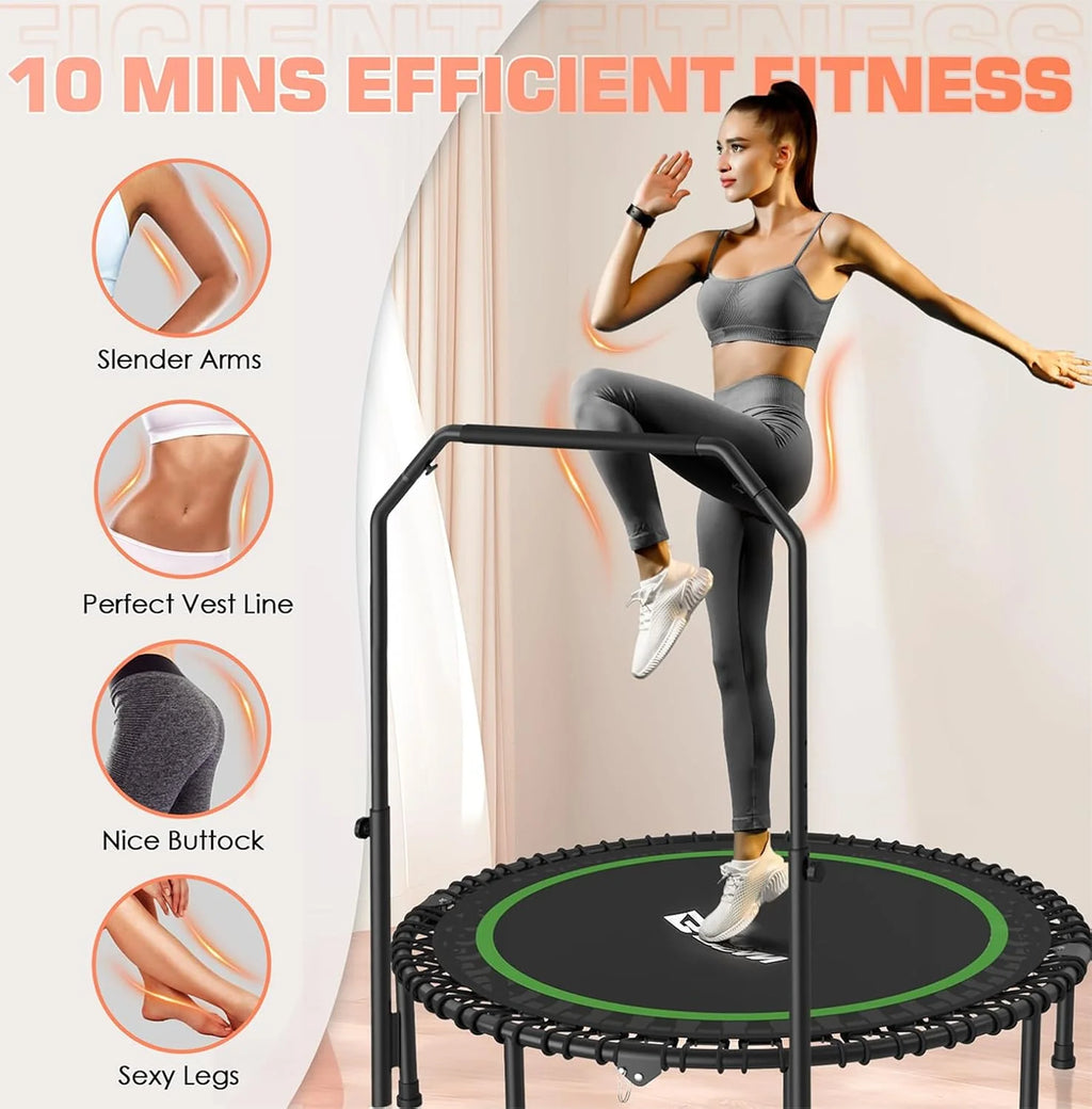 BCAN 450/550 LBS Foldable Mini Trampoline, 40/48 Fitness Trampoline with Bungees, U Shape Adjustable Foam Handle, Stable & Quiet Exercise Rebounder for Adults Indoor/Outdoor Workout