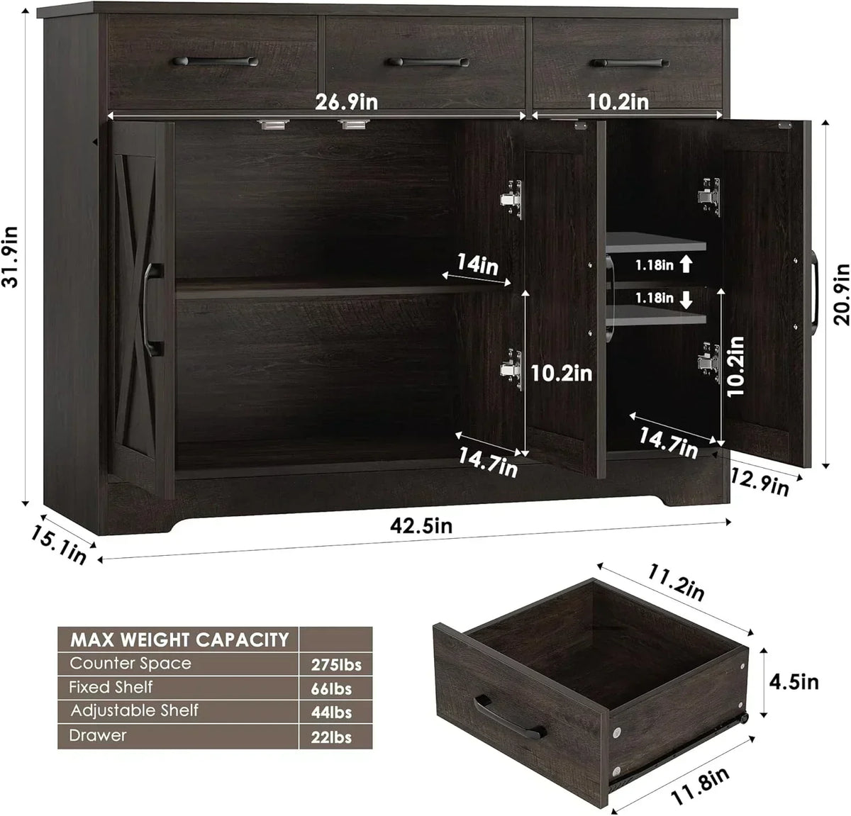 Modern farmhouse sideboard barn door buffet storage cabinet with drawers and shelves