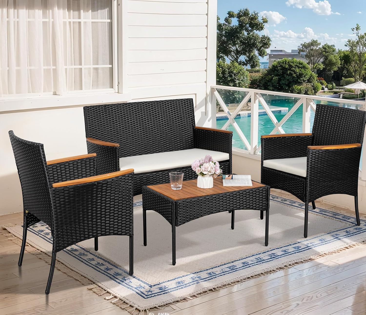 Shintenchi 4-Piece Patio Furniture Set Outdoor Wicker Patio Conversation Furniture Set with Cushions