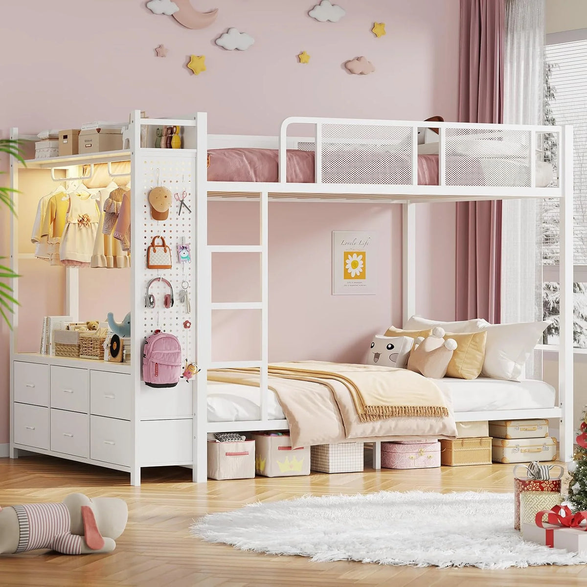 Itaar Metal Bunk Bed Twin Over Twin Hall Tree Power Outlet LED Bunk Bed 4 Storage Drawers