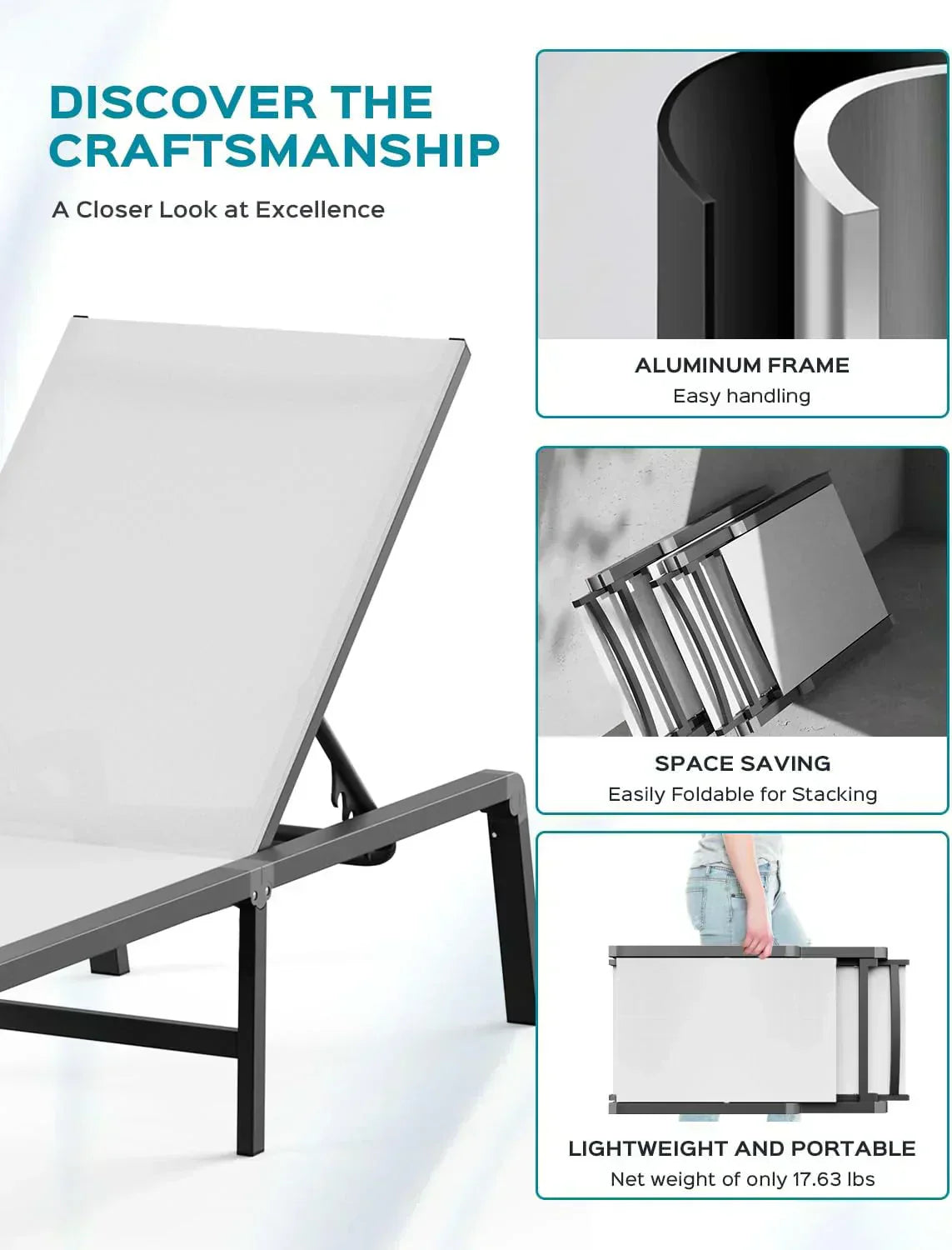 Aluminum Chaise Lounge Outdoor Foldable Assemble Free Outdoor Lounge Chair 5 Adjustable Backrest