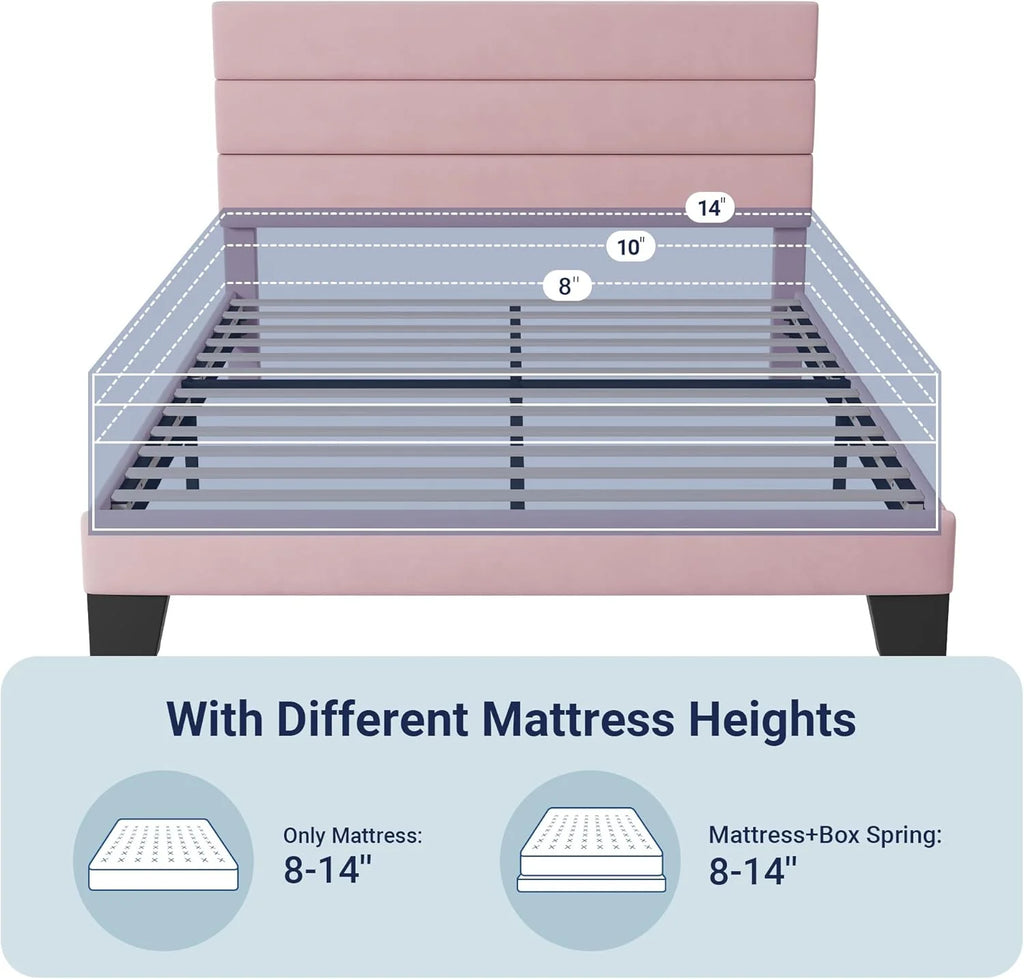 Allewie Queen Size Platform Bed Frame Fabric Upholstered Headboard Wooden Slats Support