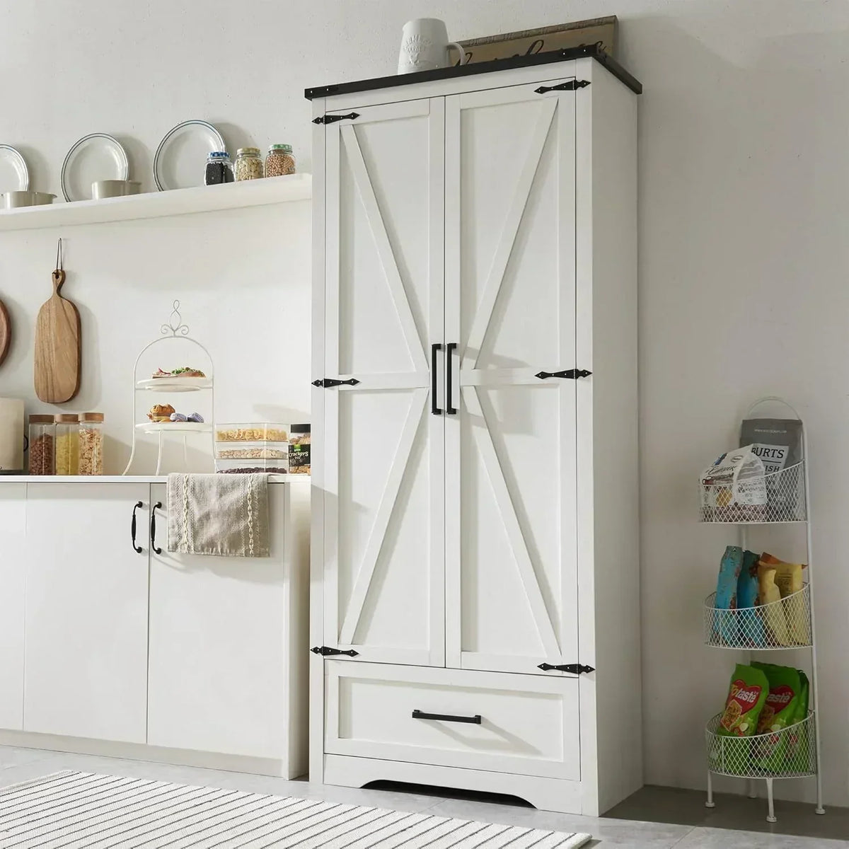 JXQTLINGMU Farmhouse Kitchen Pantry 72 Tall Wood Kitchen Storage Cabinet Adjustable Shelves