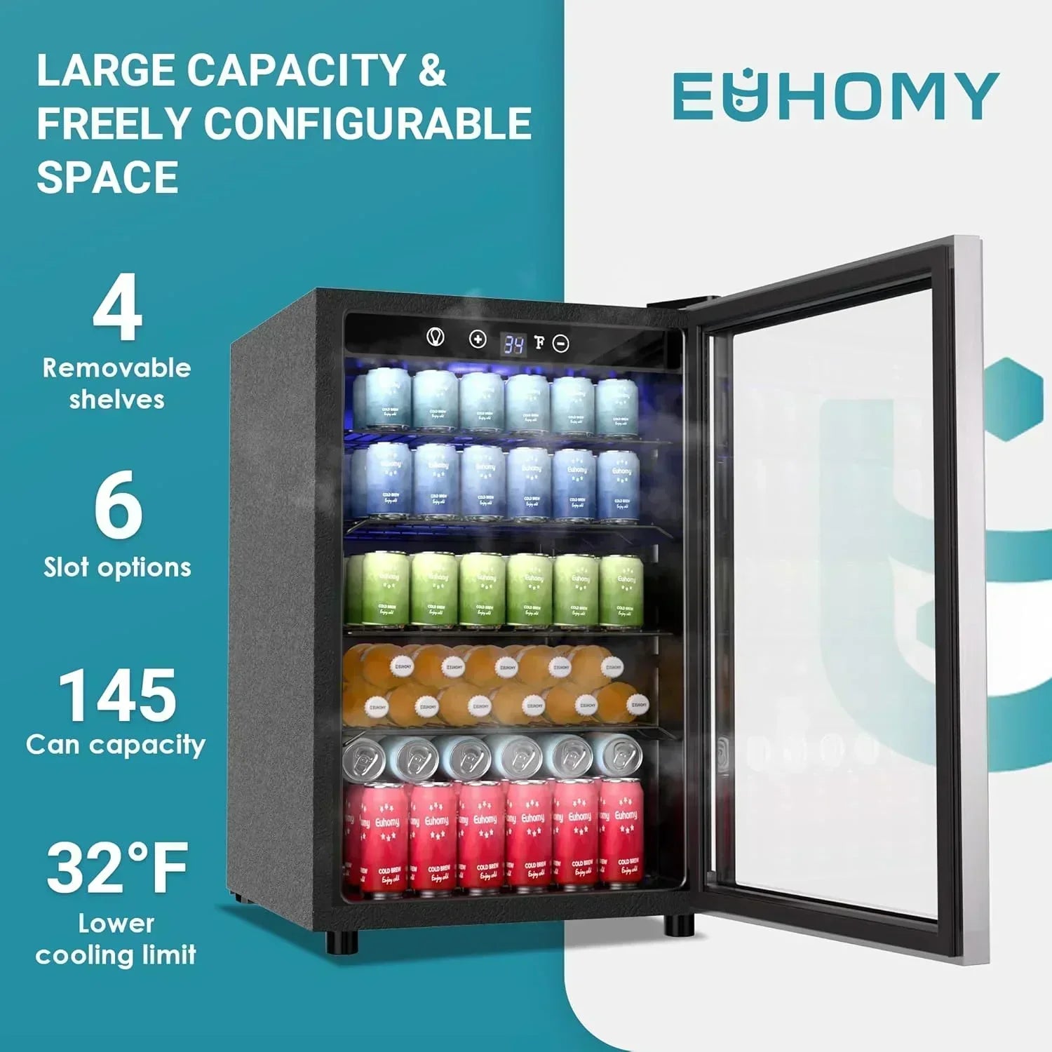 EUHOMY Beverage Refrigerator Cooler 130 Can Mini Fridge with Glass Door Beverage Cooler