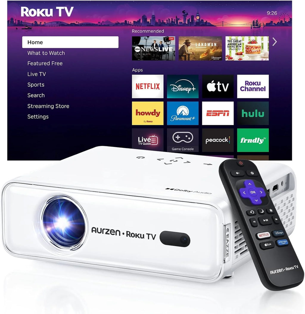 Aurzen Roku TV Smart Projector with Wifi and Bluetooth, Roku Streaming Experience Built-in
