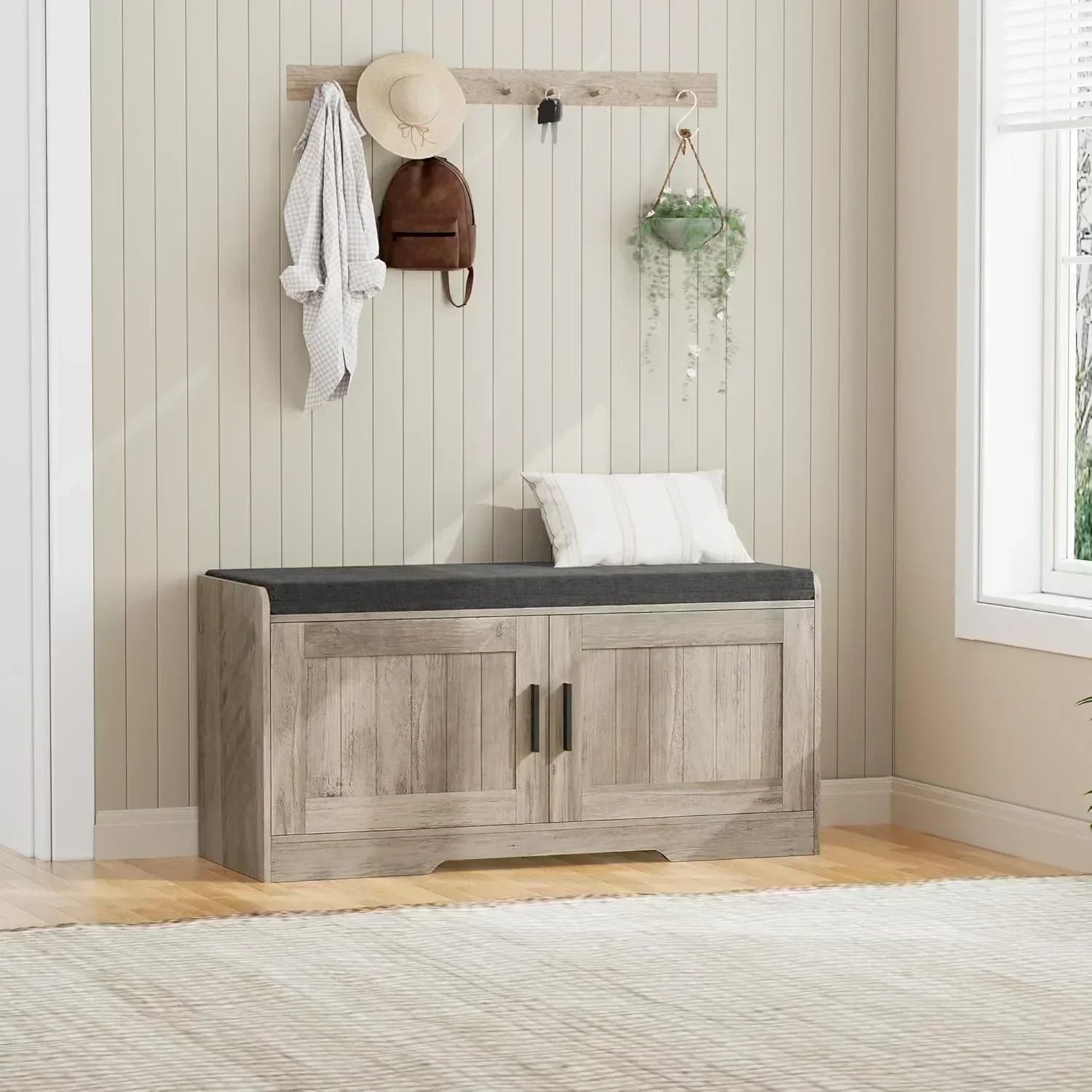 2-Tier Storage Bench Shoe Bench with Thickened Padded Seat Cushion Entryway Bench
