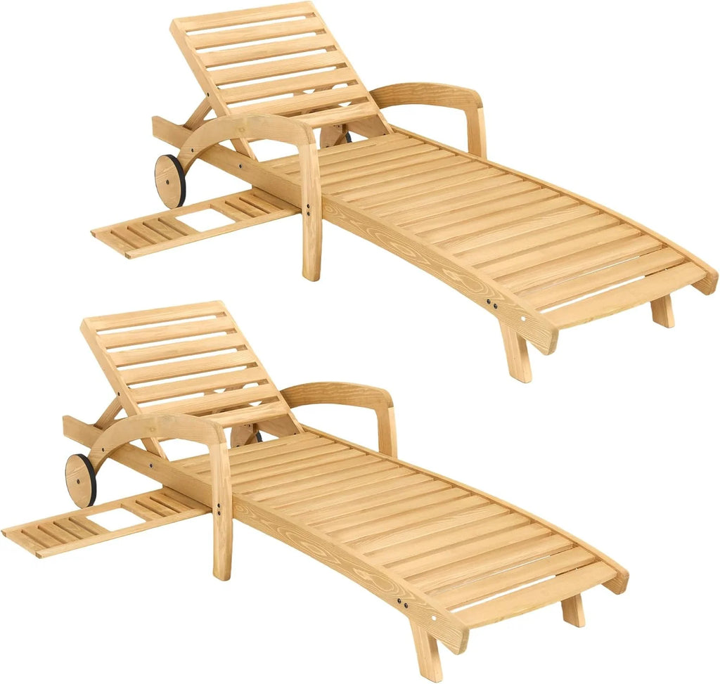 Pool Chaise Lounge Chairs Set of 4 5-Position Adjustable Outdoor Patio Lounge Chairs Wood Reclining Chaise Lounger Chair with Pullout Side Table