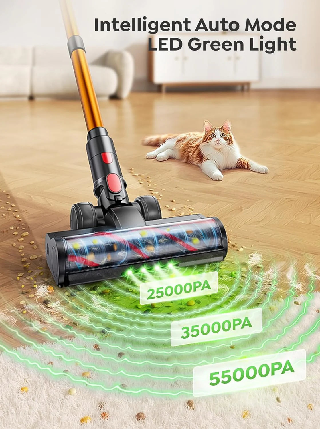 Cordless Vacuum Cleaner, 650W 55KPA 70Mins Vacuum Cleaners for Home, Upgraded Stick Vacuum with 3.3Ft Extendable Hose, LED Touch Screen, Wall Charging Station, Auto Mode for Carpet Pet Hair Hard Floor