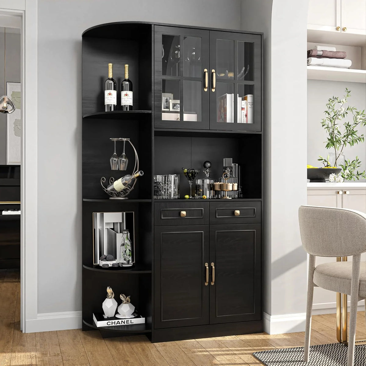 Kitchen Hutch Pantry Cabinet 71 Tall with Glass Doors