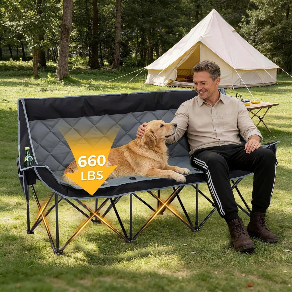 Oversized 3 Person Camping Chair Folding Padded Loveseat with Cup Holders and Carry Bag