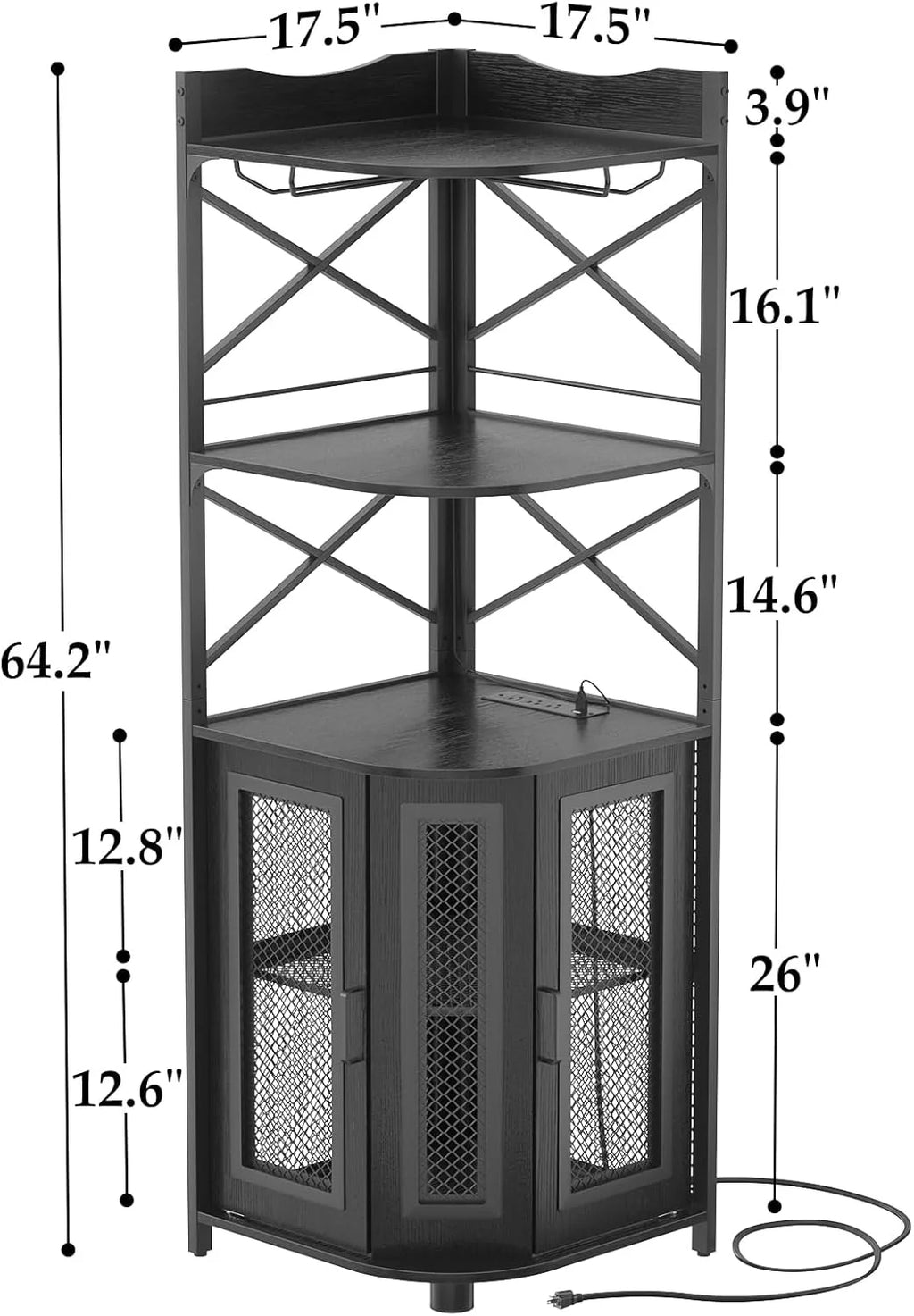Aheaplus Corner Bar Cabinet with Power Outlet, Industrial Wine Cabinet with LED Strip and Glass Holder, 5-Tiers Liquor Cabinet Bar Unit for Home, Corner Display Cabinet for Small Space, White Oak