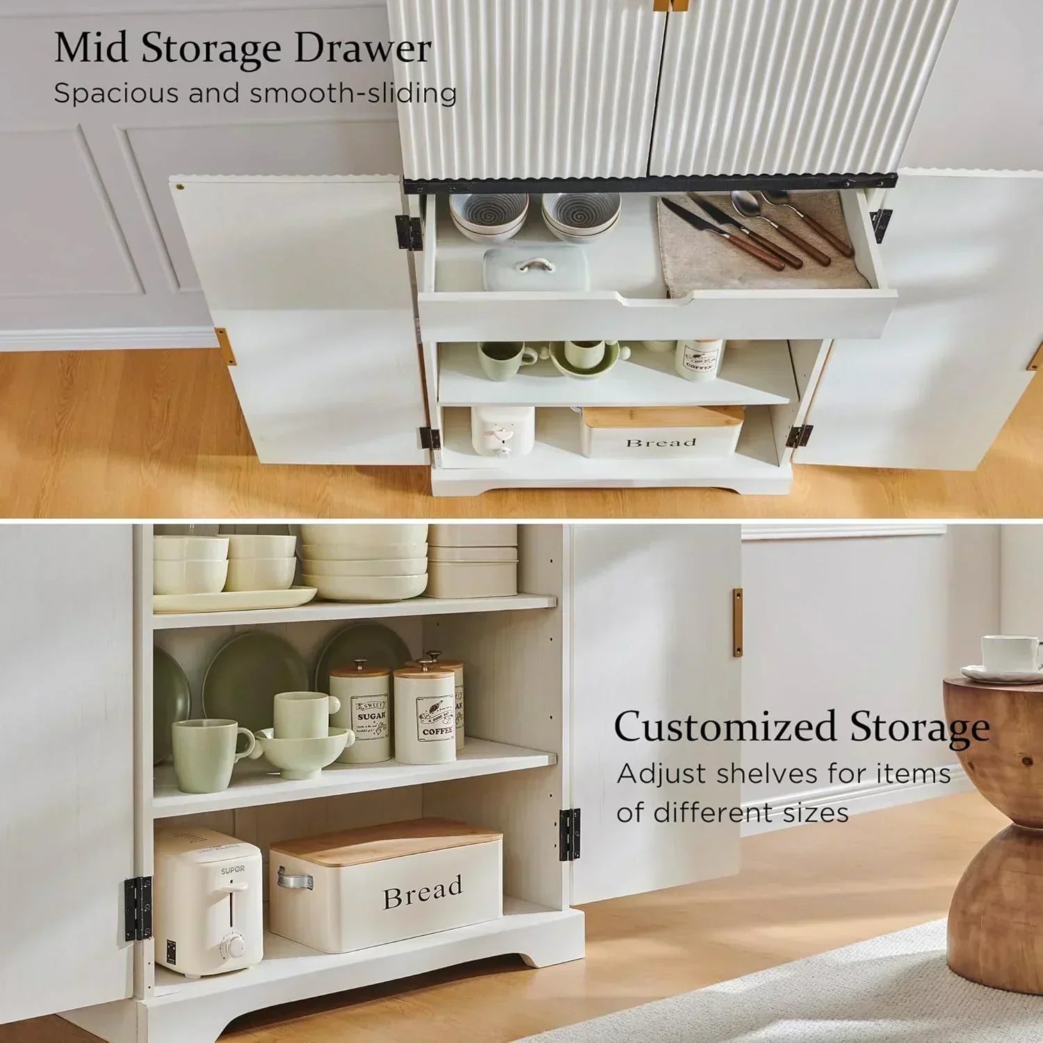 Fluted Pantry Cabinet 72 Tall Modern Storage Cabinet with 4 Doors Organizer Drawer
