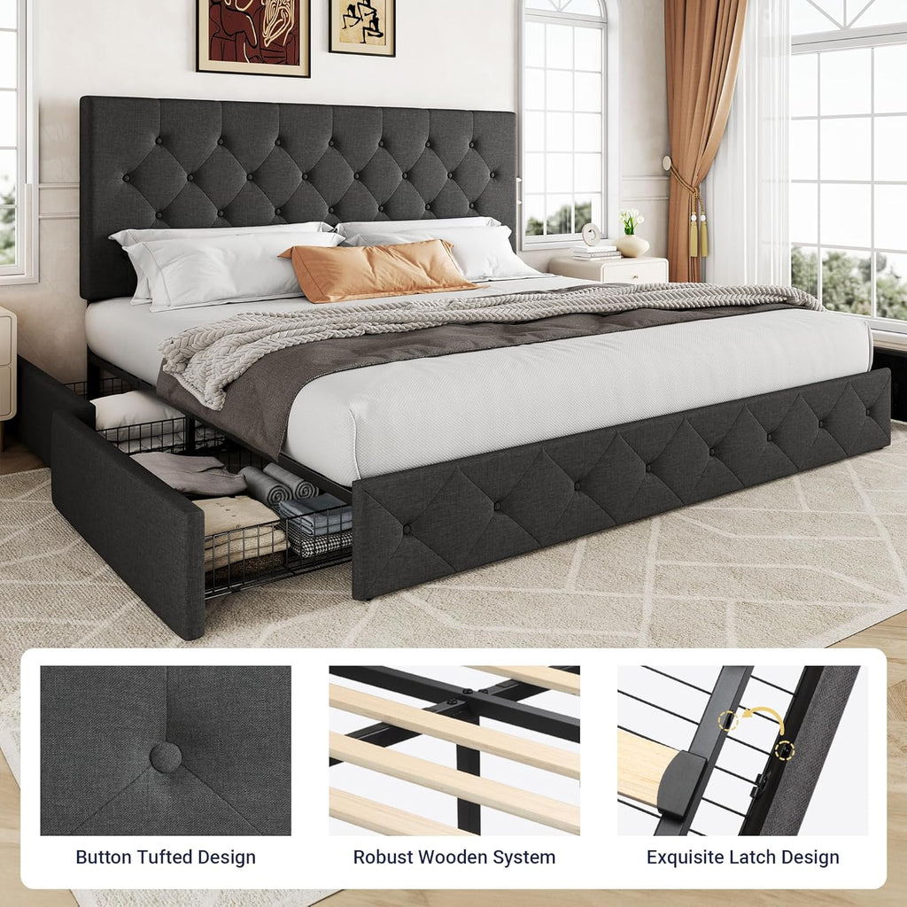 Allewie Upholstered Queen Size Platform Bed Frame with 4 Storage Drawers and Headboard