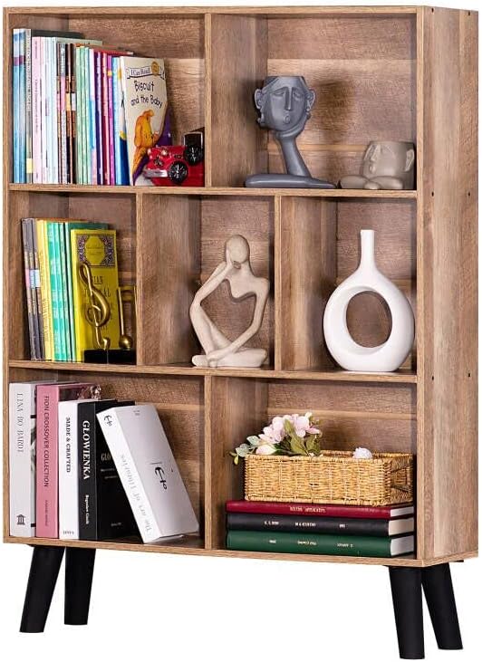LEYAOYAO Wooden 7 Cube Book Shelf Natural Bookshelf Legs Modern Open Storage Organizer