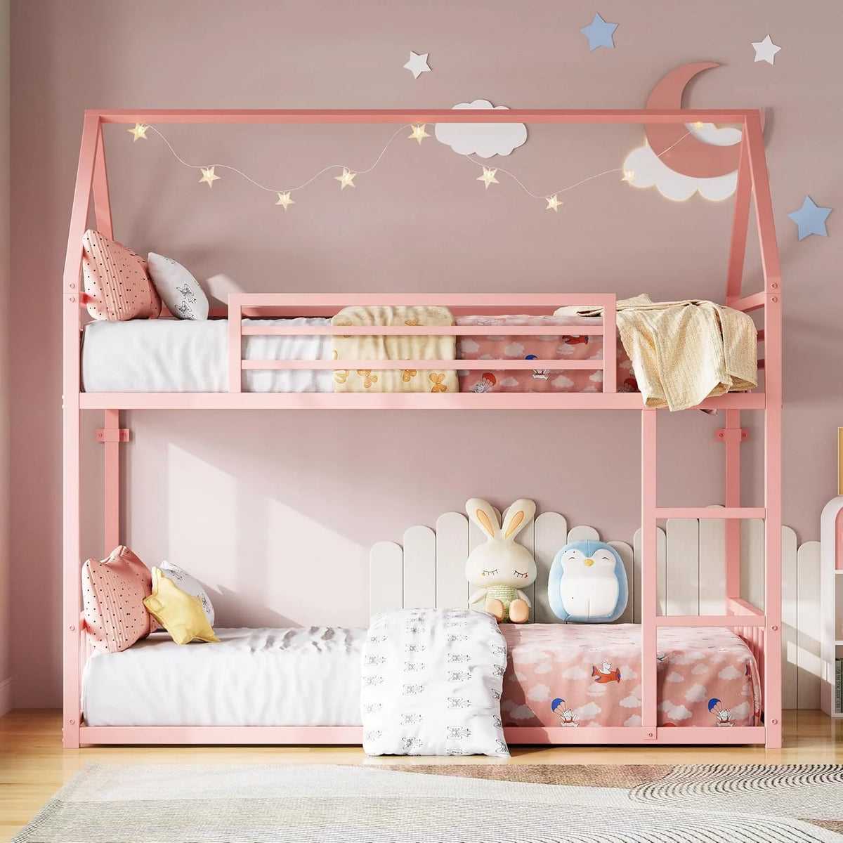 LIKIMIO Bunk Bed Twin Over Twin House Bunk Bed Frame Guardrail House Shaped Metal Slats
