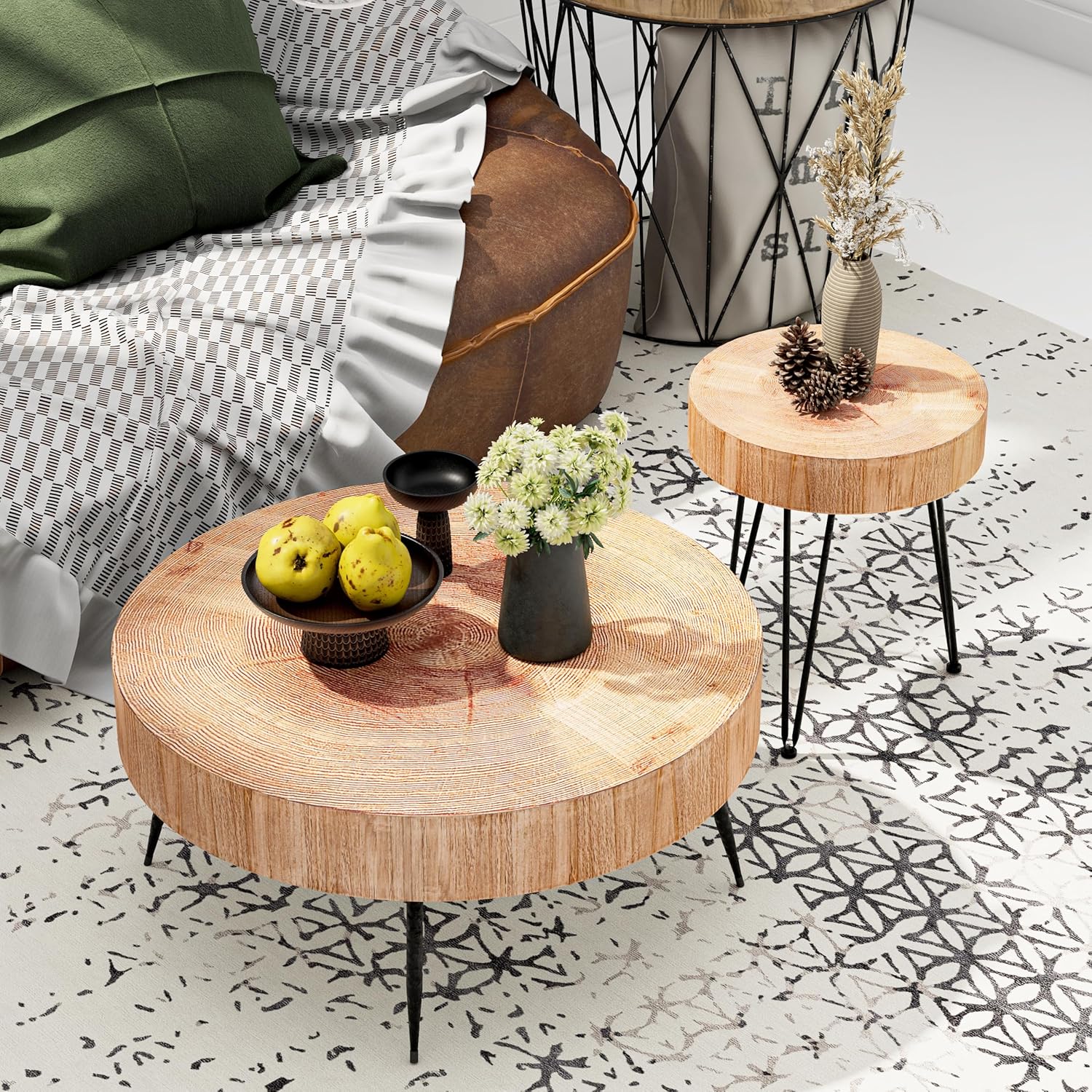 Two-Piece Modern Farmhouse Living Room Coffee Table Set Round Nesting Tables