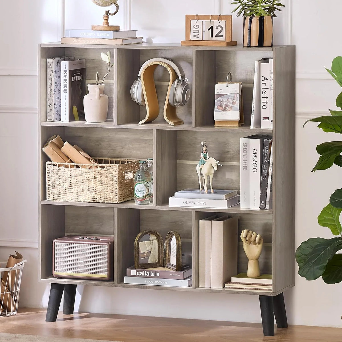LEYAOYAO Wooden 7 Cube Book Shelf Natural Bookshelf Legs Modern Open Storage Organizer