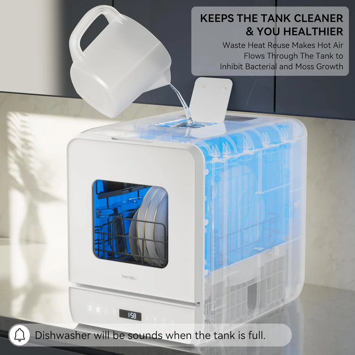 Hermitlux Countertop Dishwasher, 7 Washing Programs Portable Mini Dishwasher with 5-Liter Built-in Water Tank for Apartments & RVs, LED Light, Glass Door, No Hookup Needed
