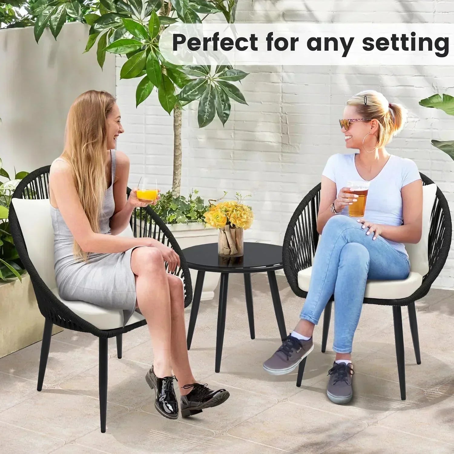 3 Piece Bistro Set Woven Rope Chair with Cushions All Weather Patio Conversation Set Side Table