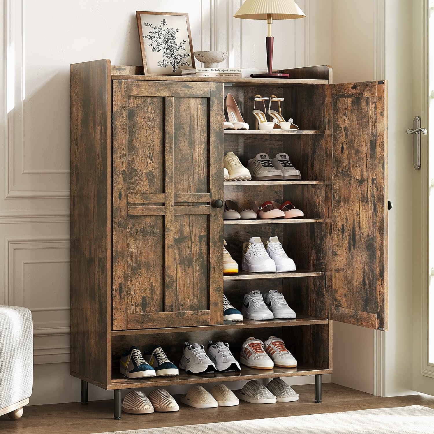 Black 7+1 Tier Farmhouse Shoe Storage Cabinet - 45 Tall Entryway Organizer