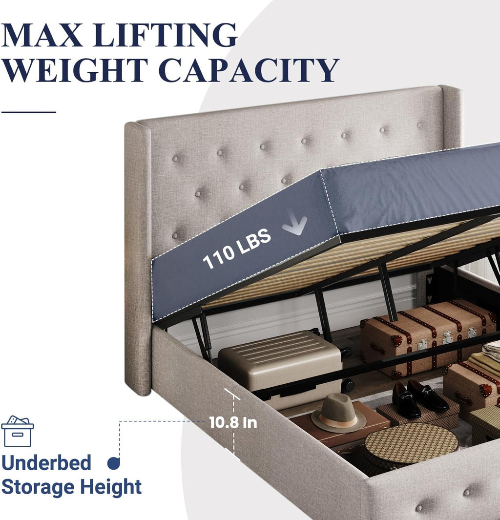 Allewie Queen Size Lift Up Storage Bed Modern Wingback Headboard Hydraulic Support