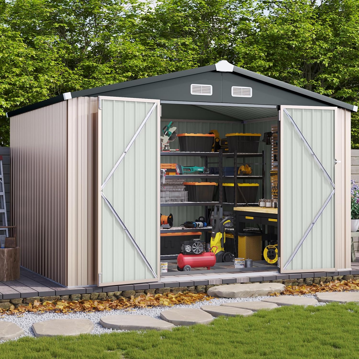 Aoxun 10 x 12 ft Outdoor Storage Shed with Double Hinged Door Utility Garden Shed