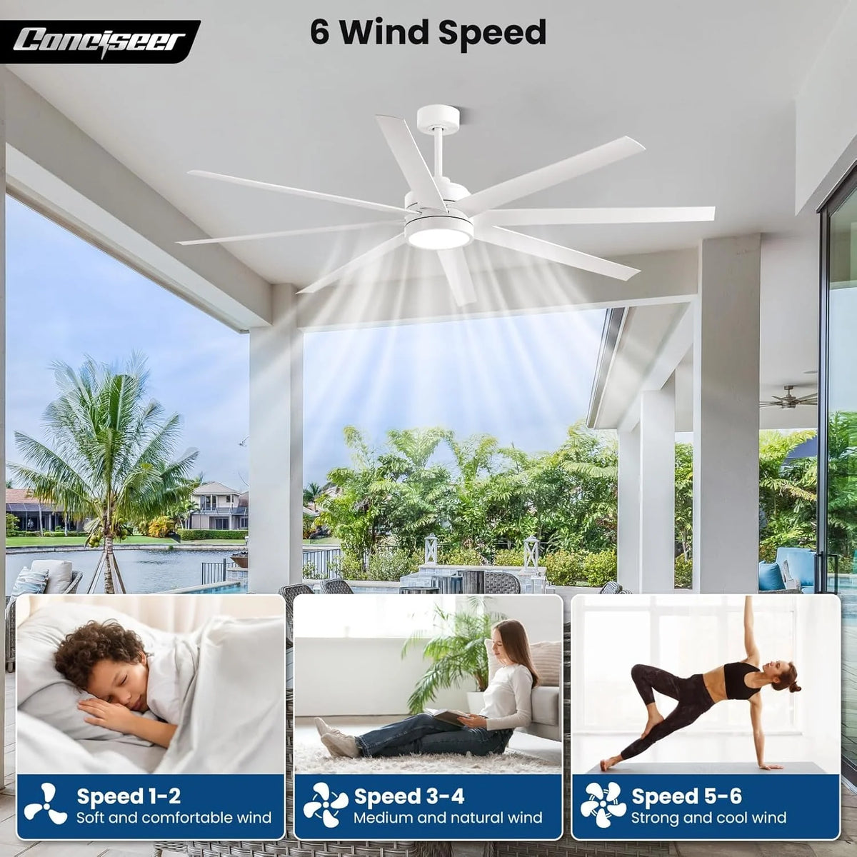 Modern Ceiling Fans with Lights, 72 Inch Ceiling Fan with Light and Remote, Bedroom Living Room Library Cafe Outdoor/Industrial,24W 3CCT Dimmable, 8 Blades 6 Speed Reversible Quiet DC Motor, Black