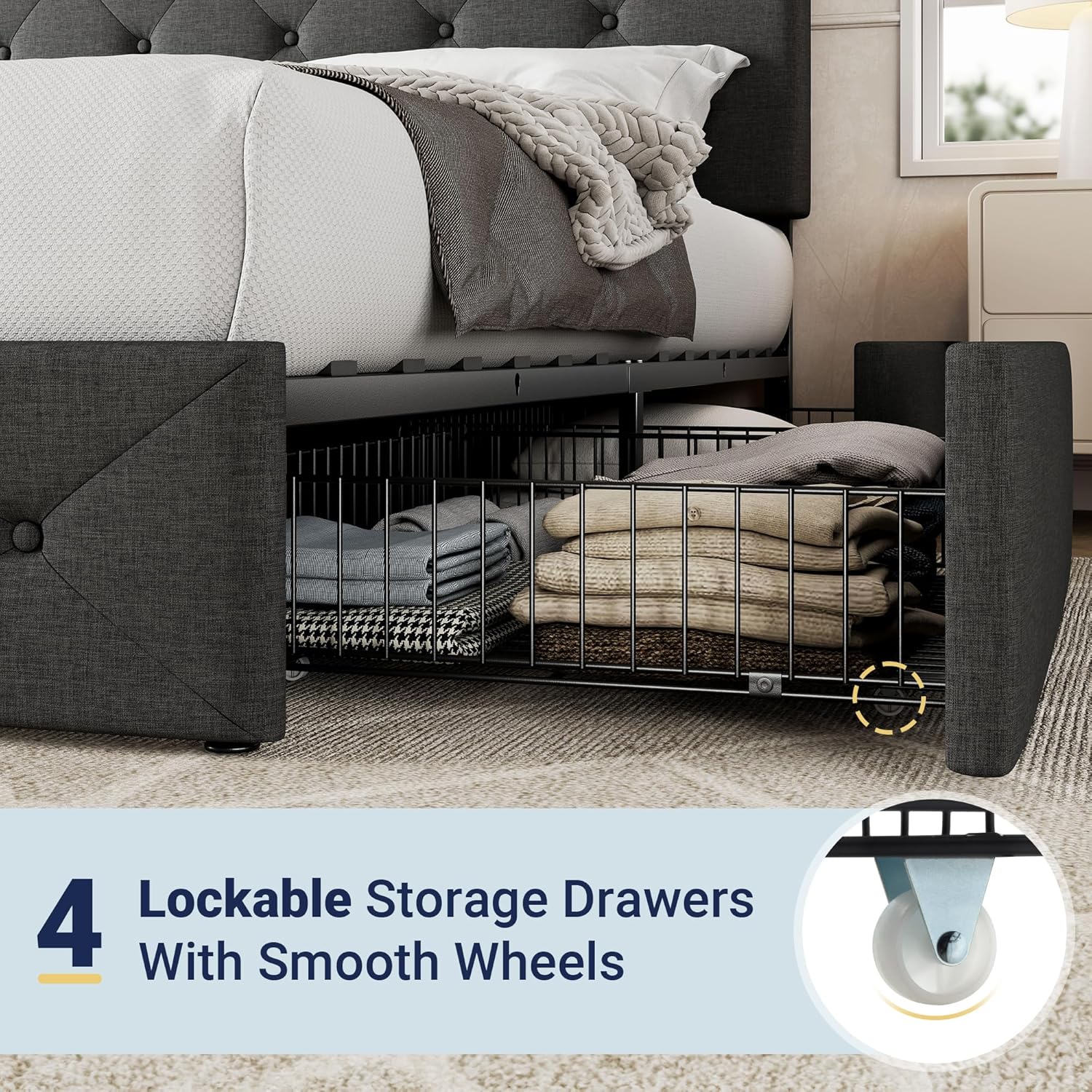 Allewie Upholstered Queen Size Platform Bed Frame with 4 Storage Drawers and Headboard